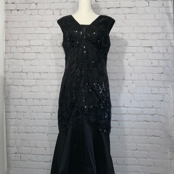 MARINA BLACK TRUMPET DRESS SEQUINS WITH TAFFETA SKIRT SIZE 10 Length Shortened - Picture 5 of 8